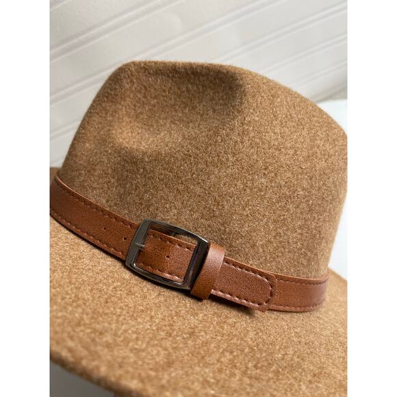 Women's Wool Blend Belted Hat Tan Elevated Boho Safari Moto Boho Monochrome - Picture 5 of 9